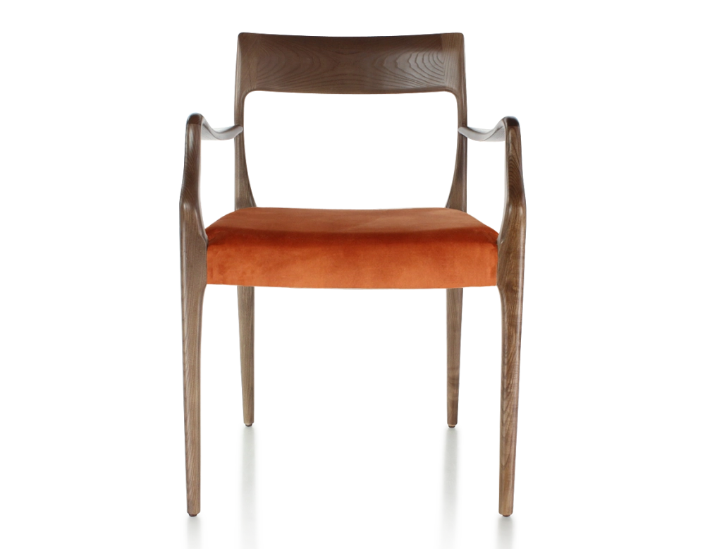 Chaise scandinave avec accoudoirs bois teinte marron foncé assise tissu velours terracotta Chaise scandinave avec accoudoirs bois teinte marron foncé assise tissu velours terracotta