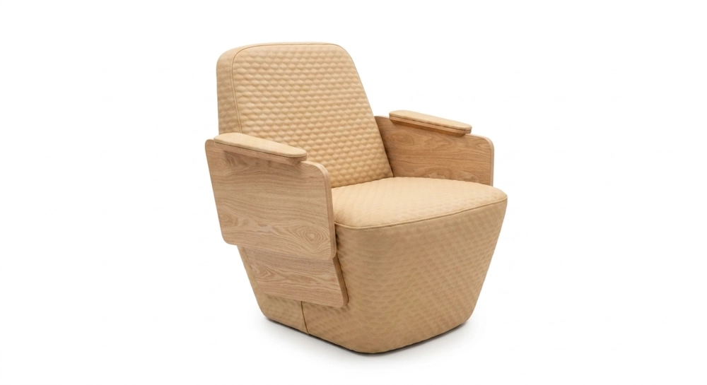 Armchair with armrests design natural walnut frame with anthracite grey fabric seat.