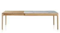 Extendable table for 8 to 14 people in oak and ceramic with wooden extensions with natural stained wood and white marble effect ceramic top 210x100 cm Extendable table for 8 to 14 people in oak and ceramic with wooden extensions with natural stained wood and white marble effect ceramic top 210x100 cm