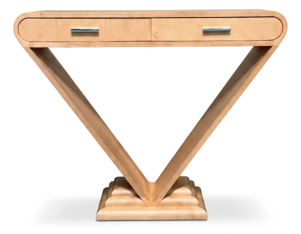 Console art déco double tiroirs bois teinte naturelle
