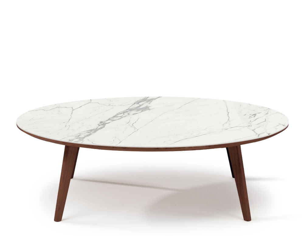 Round coffee table F1 in oak and ceramic dark brown stained wood with a white marble-effect ceramic top m1. 120x120x40 cm
