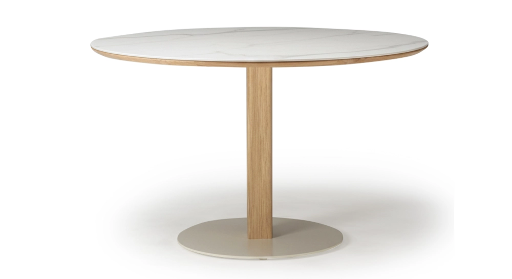 Table salle à manger ronde en chêne et céramique 6 personnes avec bois teinte naturelle et plateau céramique effet marbre blanc 120x120