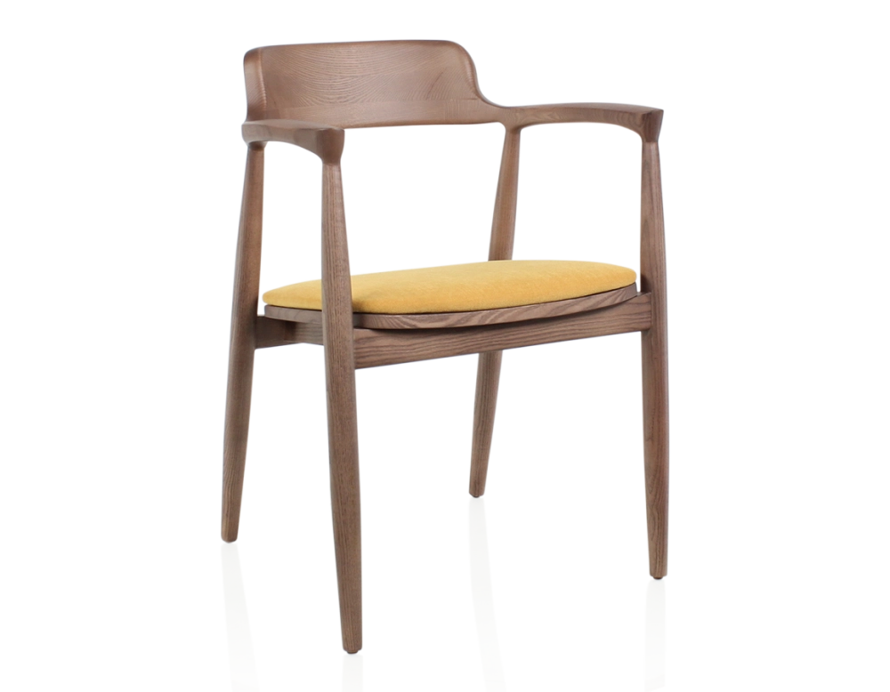 Chaise scandinave bois teinte noyer et tissu jaune Chaise scandinave bois teinte noyer et tissu jaune