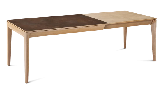 Table extensible 8 à 14 personnes en chêne et céramique allonges bois avec bois teinte naturelle et plateau céramique brun oxydé 210x100 cm