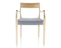 Chaise scandivave avec accoudoirs bois teinte naturelle assise tissu chevron bleu