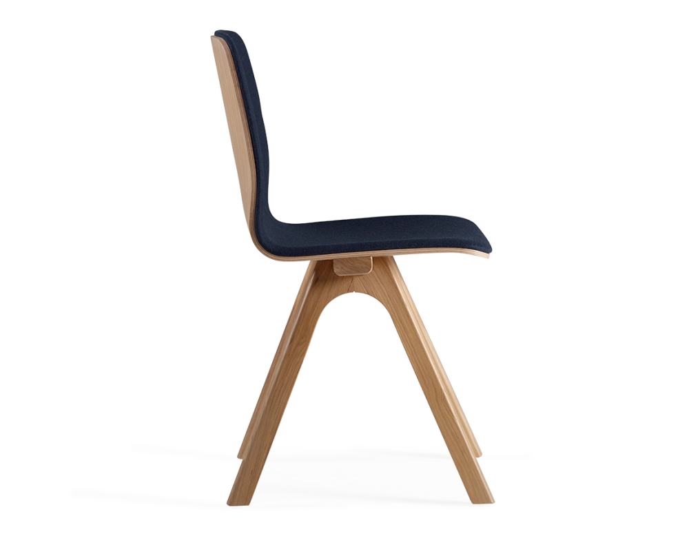 Upholstered oak designer chair natural tint wood, navy blue fabric seat Upholstered oak designer chair natural tint wood, navy blue fabric seat