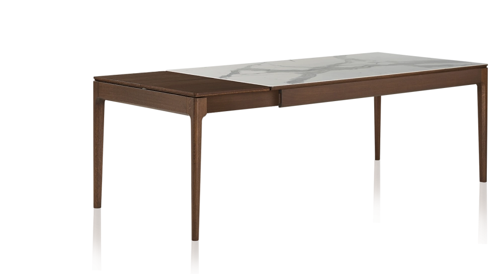 Table extensible 8 à 12 personnes en chêne et céramique allonges bois avec bois teinte marron foncé et plateau céramique effet marbre blanc 180x100 cm Table extensible 8 à 12 personnes en chêne et céramique allonges bois avec bois teinte marron foncé et plateau céramique effet marbre blanc 180x100 cm
