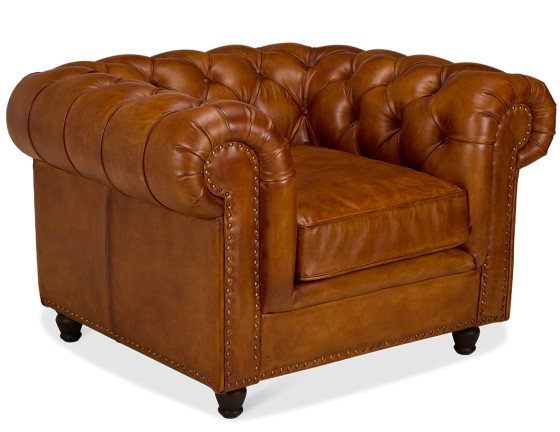 Fauteuil chesterfield cuir marron clair accoudoirs cloutés