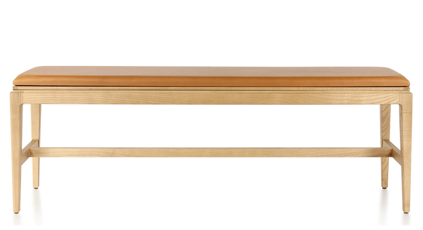 Banc design bois teinte naturelle assise cuir caramel L120 cm Banc design bois teinte naturelle assise cuir caramel L120 cm