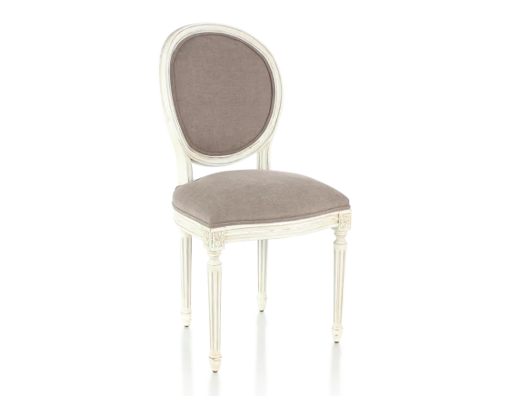 Chaise ancienne style Louis XVI teinte blanche cérusée tissu taupe