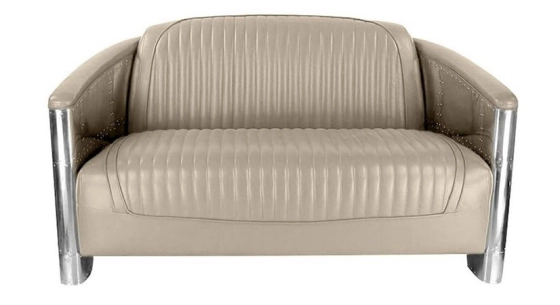 2 seater riveted aluminium and leather aviator sofa beige