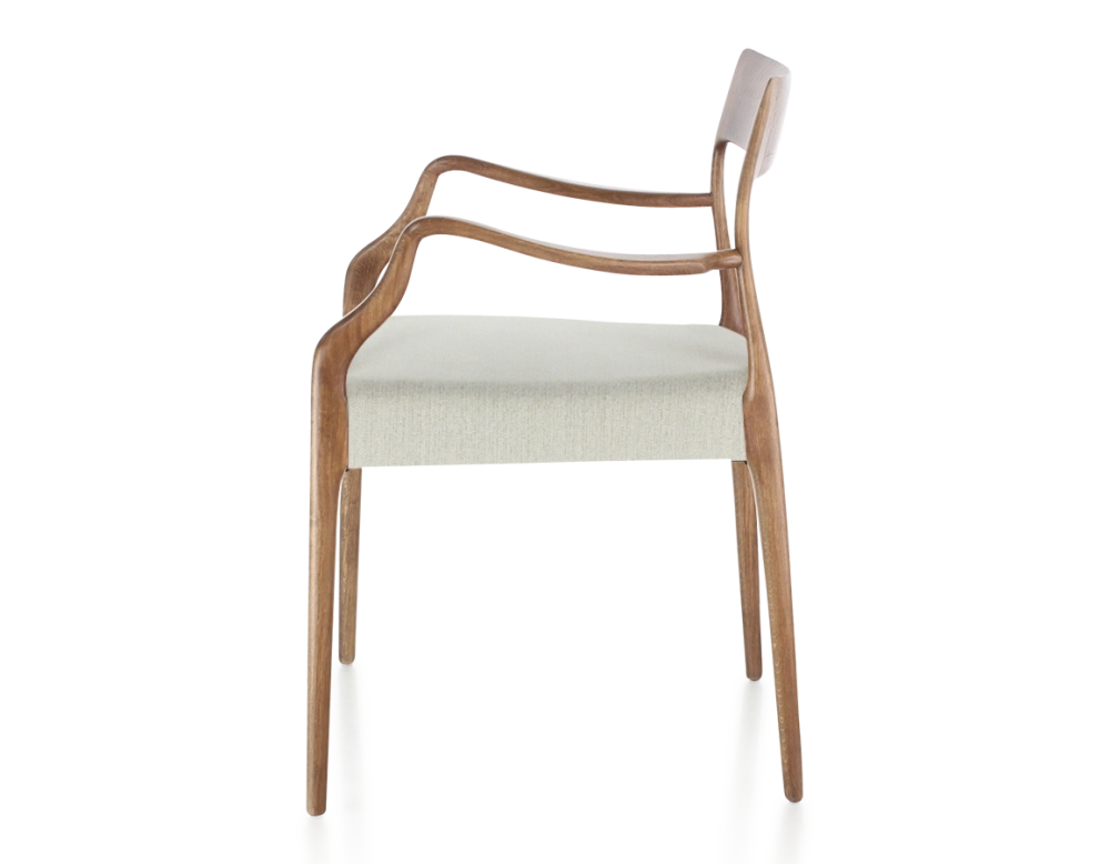 Scandinavian armchair with armrests wood stained walnut seat natural beige fabric Scandinavian armchair with armrests wood stained walnut seat natural beige fabric