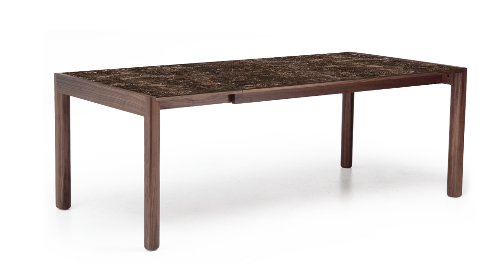 Extending table for 8 to 12 people in walnut and ceramic with ceramic extensions natural wood finish and brown marble-effect ceramic 160x100 cm Extending table for 8 to 12 people in walnut and ceramic with ceramic extensions natural wood finish and brown marble-effect ceramic 160x100 cm