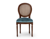 Louis XVI style antique chair dark brown stained wood with cane backrest and petrol blue velvet seat. Louis XVI style antique chair dark brown stained wood with cane backrest and petrol blue velvet seat.
