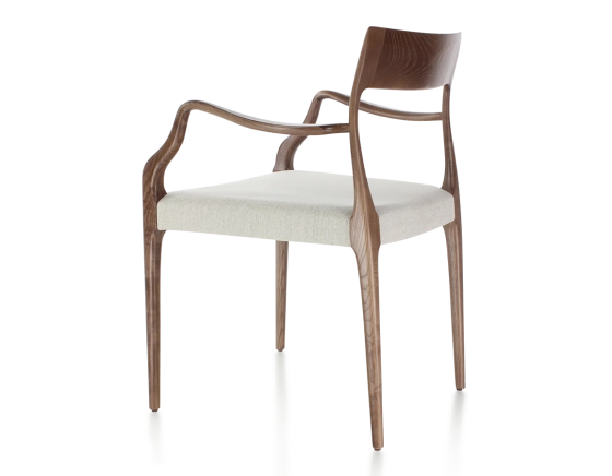 Chaise scandinave avec accoudoirs bois teinte marron foncé assise tissu beige naturel