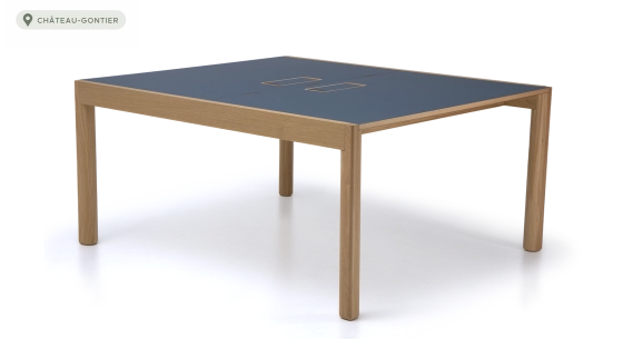 Bureau bench 2 postes chêne teinte naturelle plateau fenix bleu foncé 140x160