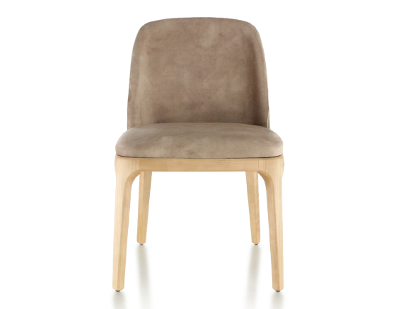 Designer chair natural stained wood and light taupe velvet fabric