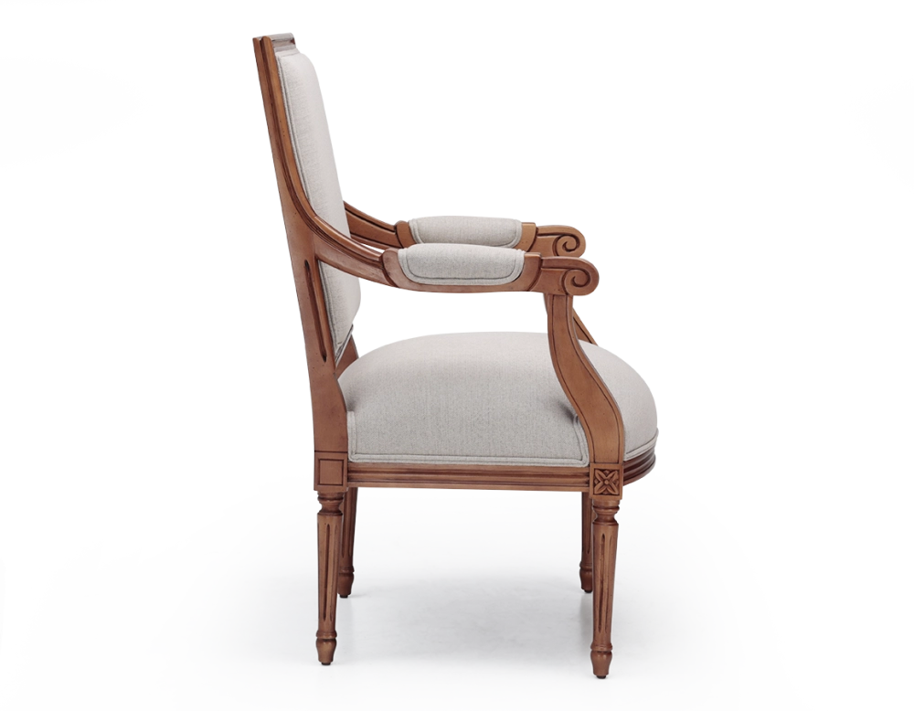 Fauteuil ancien style Louis XVI bois teinte ancienne et tissu beige naturel Fauteuil ancien style Louis XVI bois teinte ancienne et tissu beige naturel