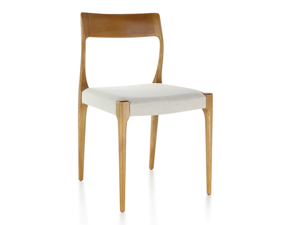 Chaise scandinave bois teinte merisier assise tissu beige naturel Chaise scandinave bois teinte merisier assise tissu beige naturel