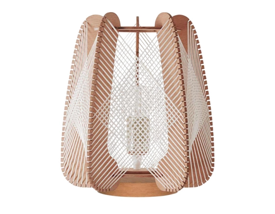 Lamp on wooden base and cross woven cotton thread