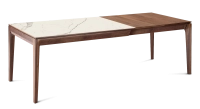 Table extensible 8 à 12 personnes en noyer et céramique allonges bois avec bois teinte naturelle et plateau céramique effet marbre blanc 160x100 cm Table extensible 8 à 12 personnes en noyer et céramique allonges bois avec bois teinte naturelle et plateau céramique effet marbre blanc 160x100 cm