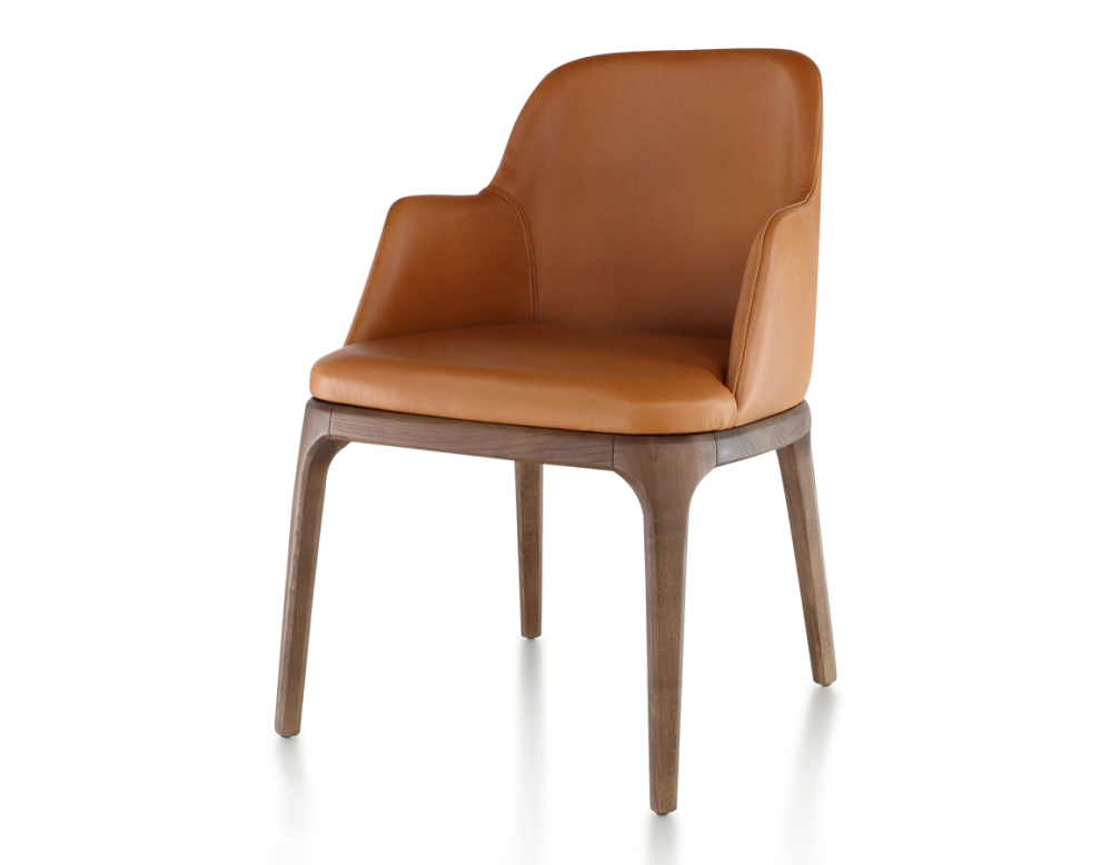 Chaise design avec accoudoirs bois teinte marron foncé et cuir caramel Chaise design avec accoudoirs bois teinte marron foncé et cuir caramel