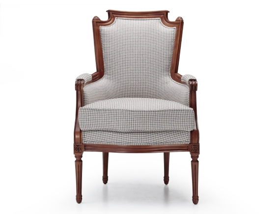Fauteuil bergère style Louis XVI bois teinte ancienne et tissu pied de poule blanc et taupe