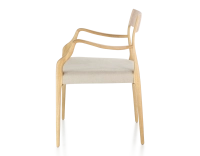 Scandinavian armchair with armrests natural wood stain camel fabric seat Scandinavian armchair with armrests natural wood stain camel fabric seat