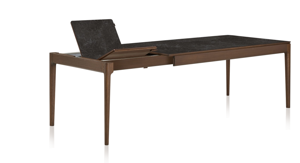 Table extensible en chêne et céramique 6 à 10 personnes allonges céramique avec bois teinte marron foncé et plateau et allonges céramique effet ardoise 140x90 cm Table extensible en chêne et céramique 6 à 10 personnes allonges céramique avec bois teinte marron foncé et plateau et allonges céramique effet ardoise 140x90 cm