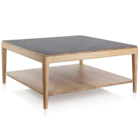 Table basse carrée en chêne naturel et céramique effet ardoise avec tablette 100x100 cm