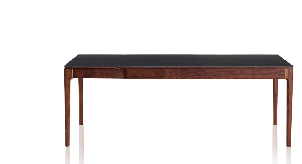 Table extensible 8 à 14 personnes en noyer et céramique allonges céramique avec bois teinte naturelle et plateau et allonges céramique noire unie 210x100 cm