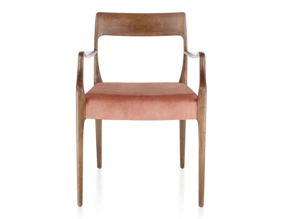 Scandinavian armchair with armrests wood stained walnut seat pale pink velvet fabric