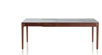 Table extensible 8 à 12 personnes en noyer et céramique allonges céramique avec bois teinte naturelle et plateau et allonges céramique effet marbre blanc 180x100 cm
