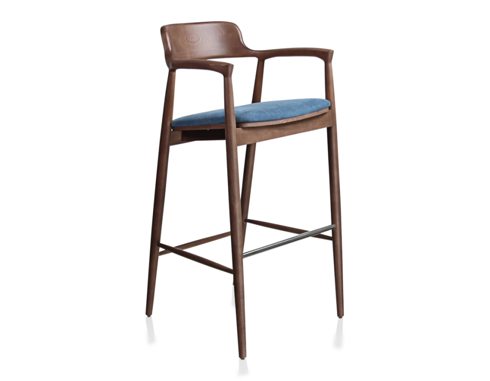 Tabouret de bar h80 cm bois teinte noyer assise tissu bleu jean Tabouret de bar h80 cm bois teinte noyer assise tissu bleu jean