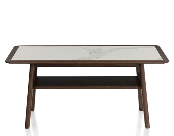 Table basse rectangulaire en chêne foncé dessus céramique effet marbre blanc 100x50 cm