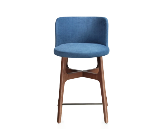 Tabouret de bar h60 cm bois teinte noyer assise tissu bleu jean
