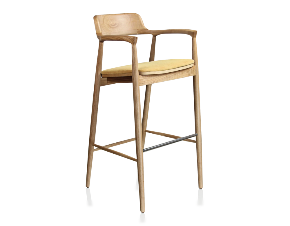 Tabouret de bar h80 cm bois teinte naturelle assise tissu jaune Tabouret de bar h80 cm bois teinte naturelle assise tissu jaune