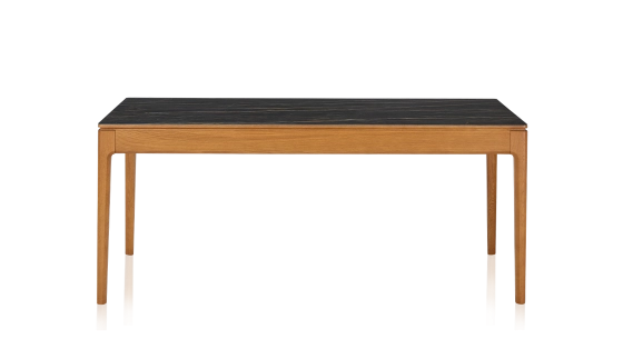 Table salle à manger en chêne et céramique 8 personnes avec bois teinte merisier et plateau céramique effet marbre noir 180x100 cm