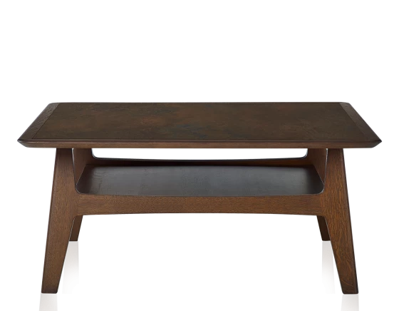 Table basse carrée en chêne foncé dessus céramique brune oxydée 100x100 cm