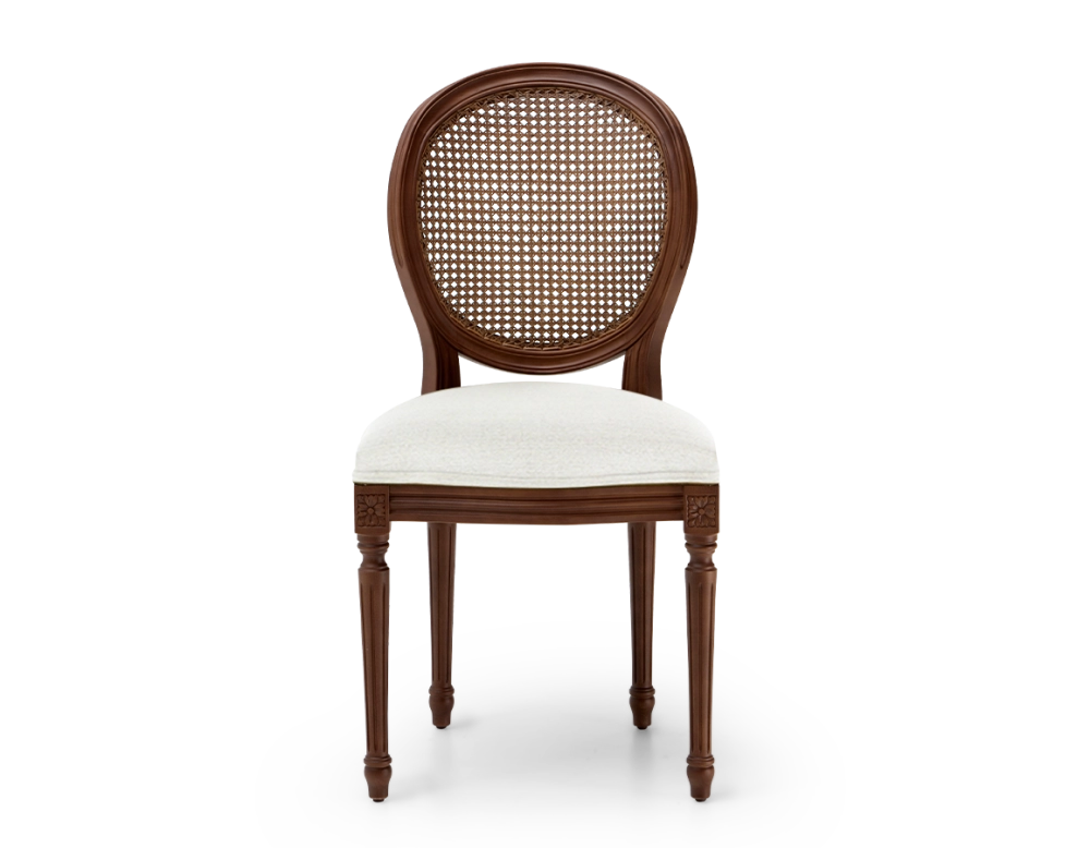 Louis XVI style antique chair dark brown stained wood with cane backrest and natural beige fabric seat. Louis XVI style antique chair dark brown stained wood with cane backrest and natural beige fabric seat.