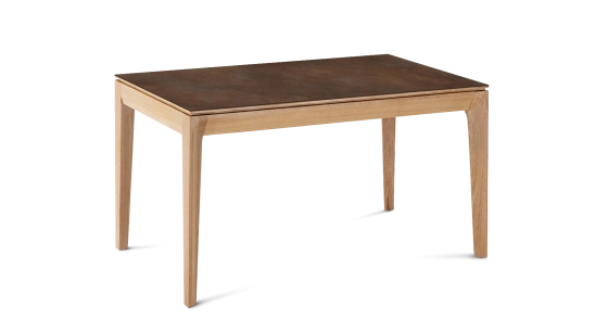 Extendable table for 8 to 12 people in oak and ceramic with wooden extensions with natural stained wood and oxidised brown ceramic top 160x100 cm