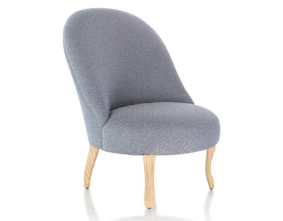 Fauteuil crapaud sans accoudoirs pieds bois teinte naturelle et tissu chevron bleu
