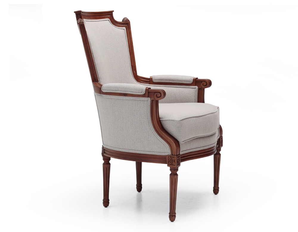 Louis XVI style bergère armchair wood antique stain and natural beige fabric Louis XVI style bergère armchair wood antique stain and natural beige fabric