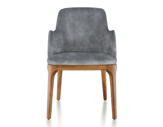 Chaise design avec accoudoirs bois teinte merisier et tissu velours gris