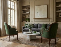 Fauteuil bergère mouluré style Louis XVI bois teinte ancienne et tissu vert foncé