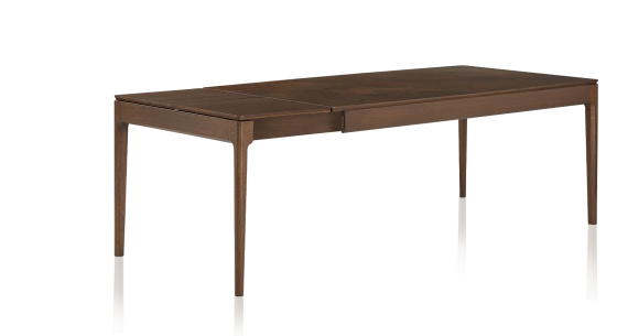 Table extensible 6 à 12 personnes en chêne et céramique allonges bois avec bois teinte marron foncé et plateau céramique brun oxydé 140x100 cm