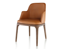 Chaise design avec accoudoirs bois teinte marron foncé et cuir caramel Chaise design avec accoudoirs bois teinte marron foncé et cuir caramel