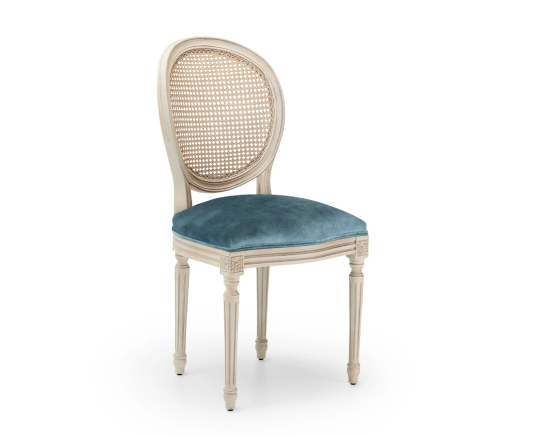 Louis XVI style antique chair white cerused wood with cane backrest and petrol blue velvet seat.