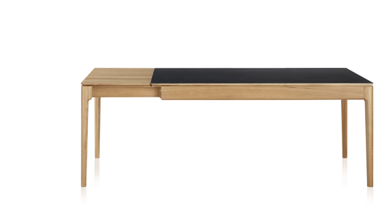 Table extensible 8 à 12 personnes en chêne et céramique allonges bois avec bois teinte naturelle et plateau céramique noir unie 210x90 cm