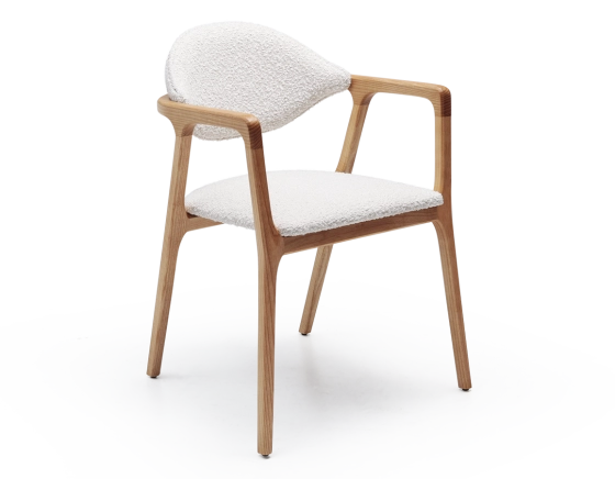 Designer armchair natural wood finish and white bouclé fabric